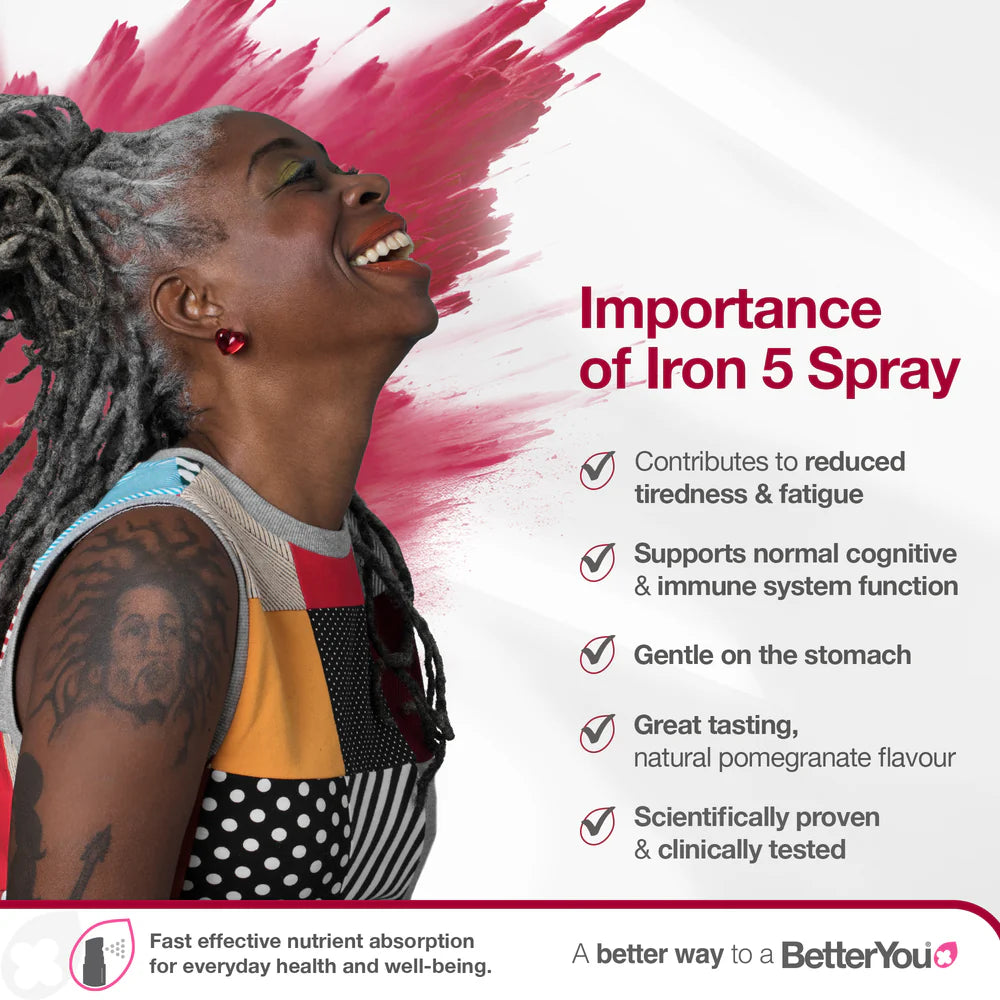 Smiling woman with grey-black dreadlocks and arm tattoo stands next to BetterYou Iron Oral Spray product benefits text, on a white and pink background, available at Fisa Health.