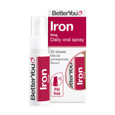 BetterYou Iron Oral Spray, 5mg per dose, pomegranate flavor, 32 doses. Pill-free iron supplement with fast absorption, available at Fisa Health.