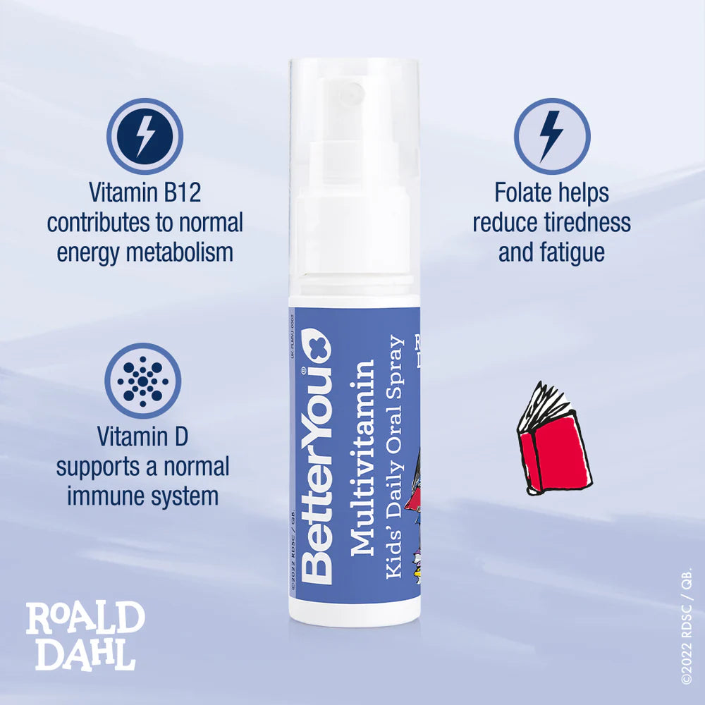A bottle of BetterYou Multivitamin Kids' Oral Spray with icons for B12, D, folate, and the Roald Dahl logo in the bottom left corner, available at Fisa Health.