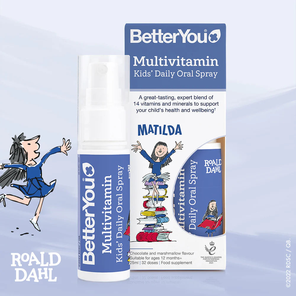 BetterYou Multivitamin Kids' Oral Spray bottle and box with a Roald Dahl's Matilda design on a blue background and brand logo, available at Fisa Health.