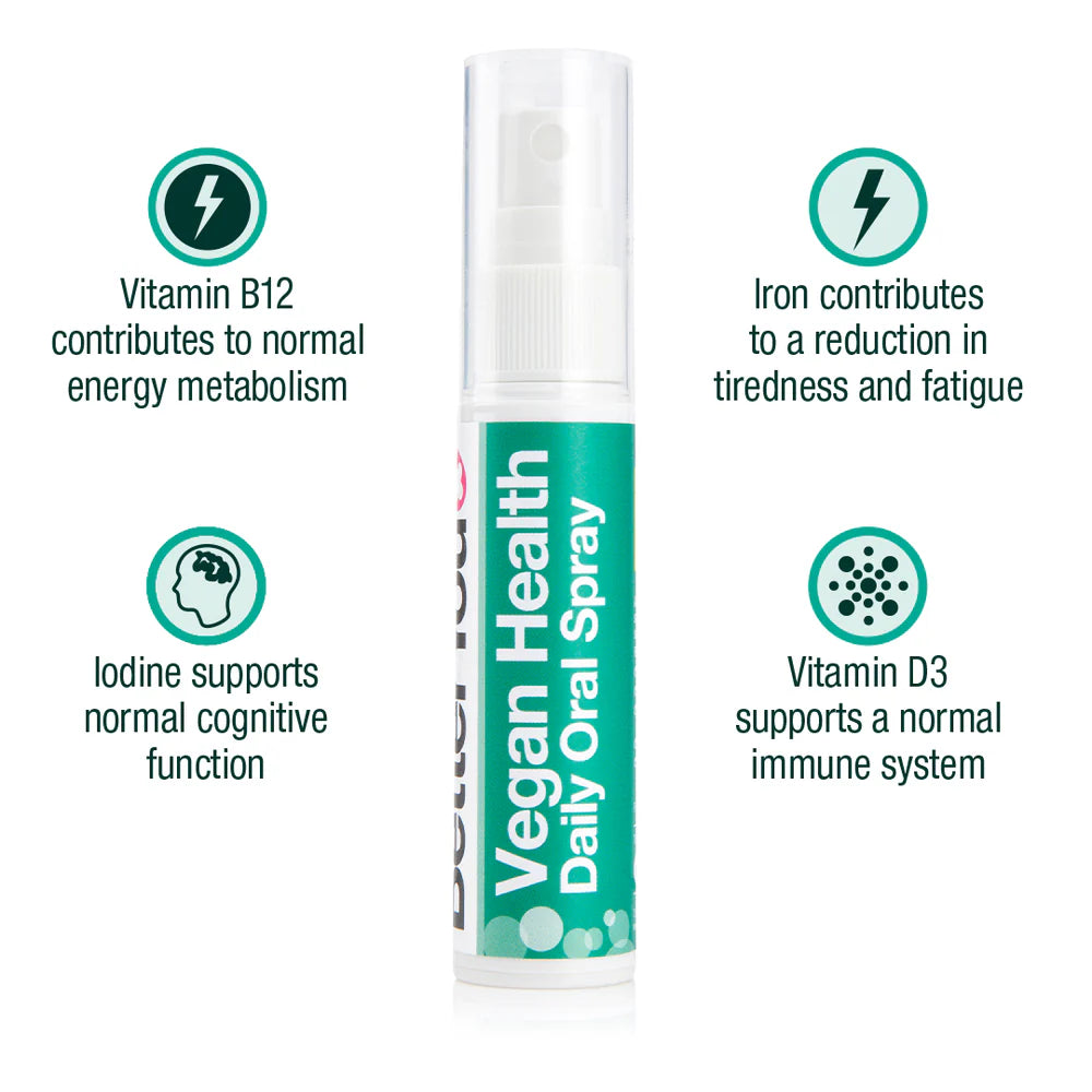 BetterYou Vegan Health Oral Spray featuring B12, iron, iodine, and vegan D3 vitamins in a labeled bottle and box, available at Fisa Health.