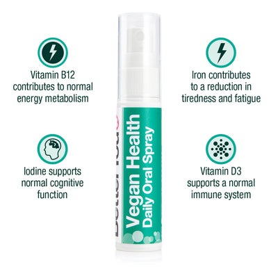 BetterYou Vegan Health Oral Spray featuring B12, iron, iodine, and vegan D3 vitamins in a labeled bottle and box, available at Fisa Health.