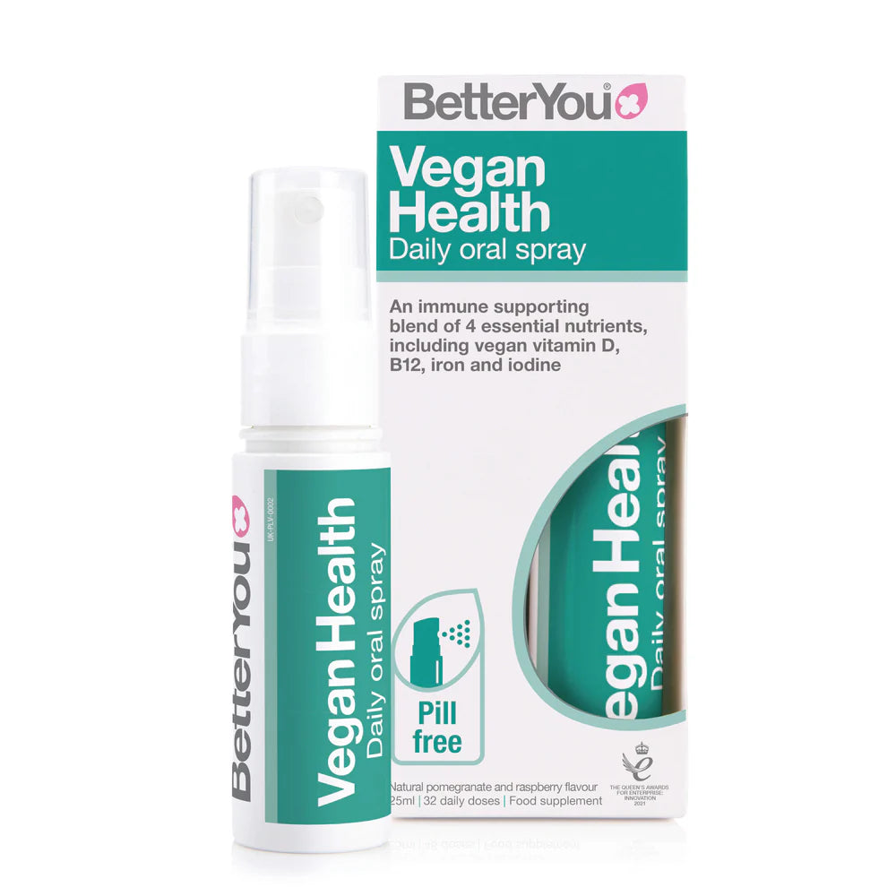 BetterYou Vegan Health Oral Spray in teal and white packaging with a "Pill free" badge shown on the front, available at Fisa Health.