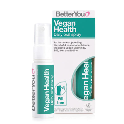 BetterYou Vegan Health Oral Spray in teal and white packaging with a "Pill free" badge shown on the front, available at Fisa Health.