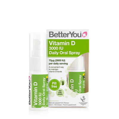 BetterYou Vitamin D3 3000iu Oral Spray, peppermint flavor, 15ml (100 doses), shown in white and green packaging with a spray bottle, available at Fisa Health.