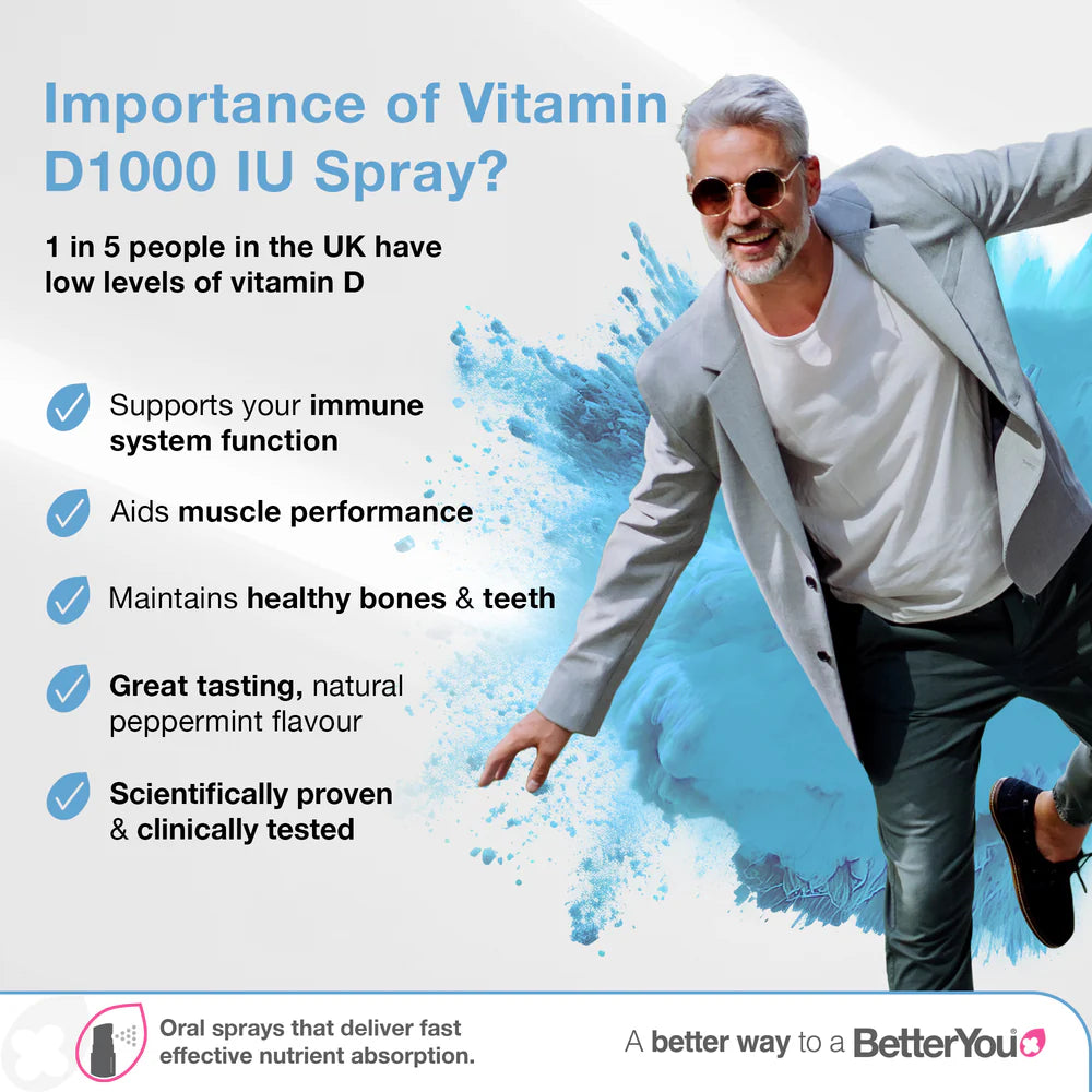 Smiling man in sunglasses and suit jacket with arm out. BetterYou Vitamin D1000 IU Oral Spray is shown, available at Fisa Health.