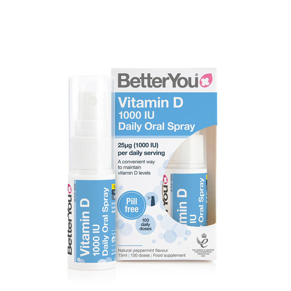 BetterYou Vitamin D1000 IU Oral Spray bottle with label, peppermint flavor, contains 100 pill-free doses, available at Fisa Health.