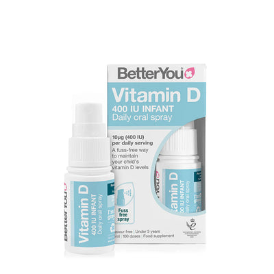 A bottle and box of BetterYou - Vitamin D3 400iu Infant Oral Spray by BetterYou, displayed together on a plain background, available at Fisa Health.