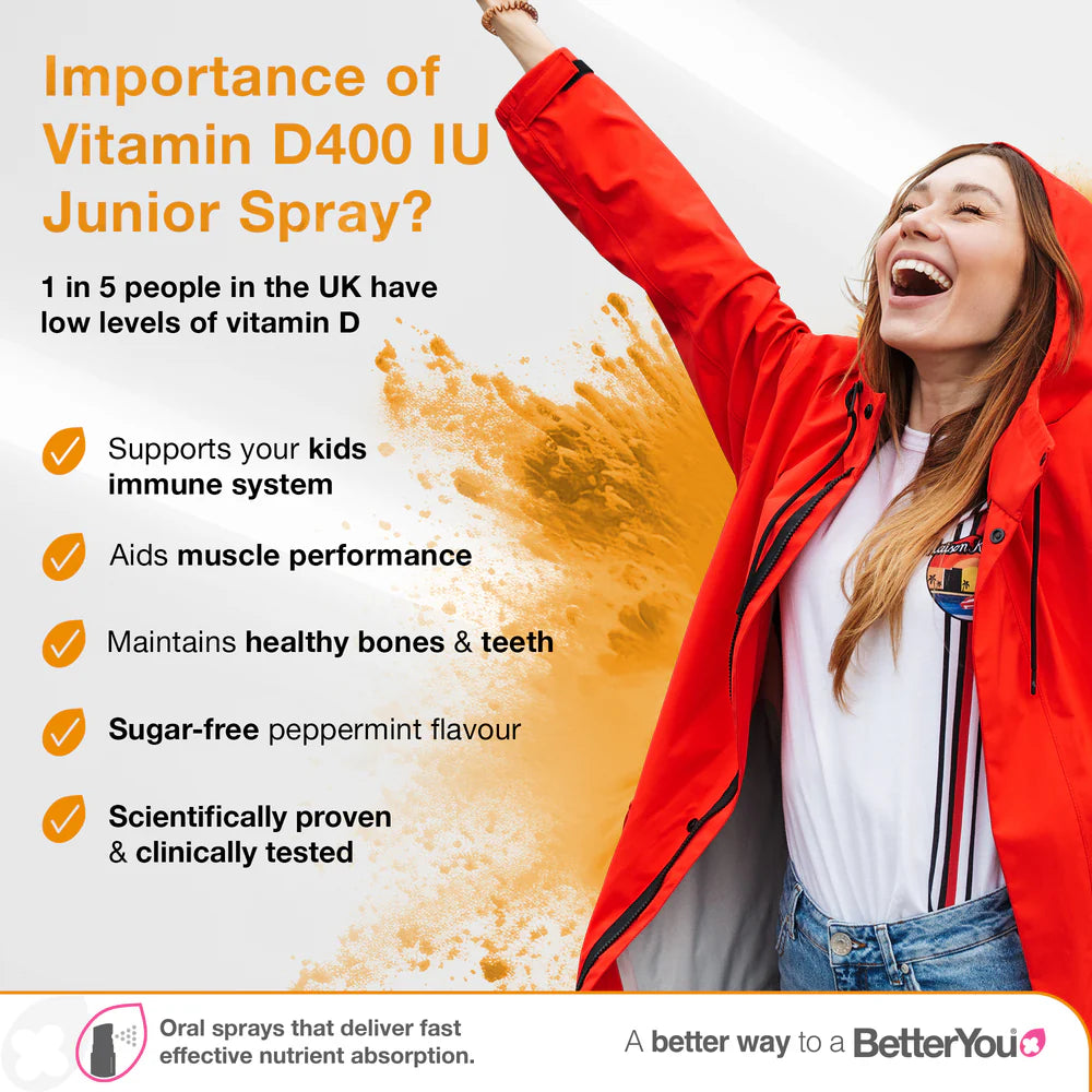 Smiling child in orange coat raises arm. Text highlights BetterYou - Vitamin D3 400 IU Junior Oral Spray, a sugar-free kids' vitamin D supplement, available at Fisa Health.
