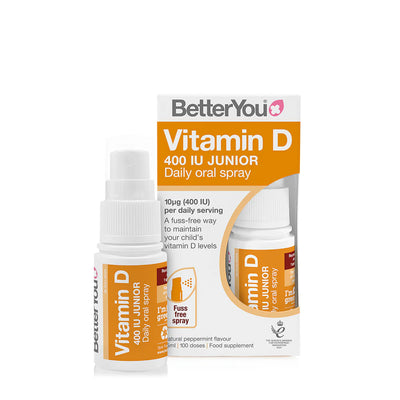 A bottle and box of BetterYou Vitamin D3 400 IU Junior Oral Spray for children, featuring orange and white packaging, available at Fisa Health.