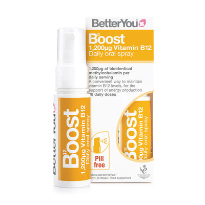 BetterYou - Vitamin B12 Oral Spray with 1,200μg methylcobalamin in packaging featuring yellow accents, available at Fisa Health.