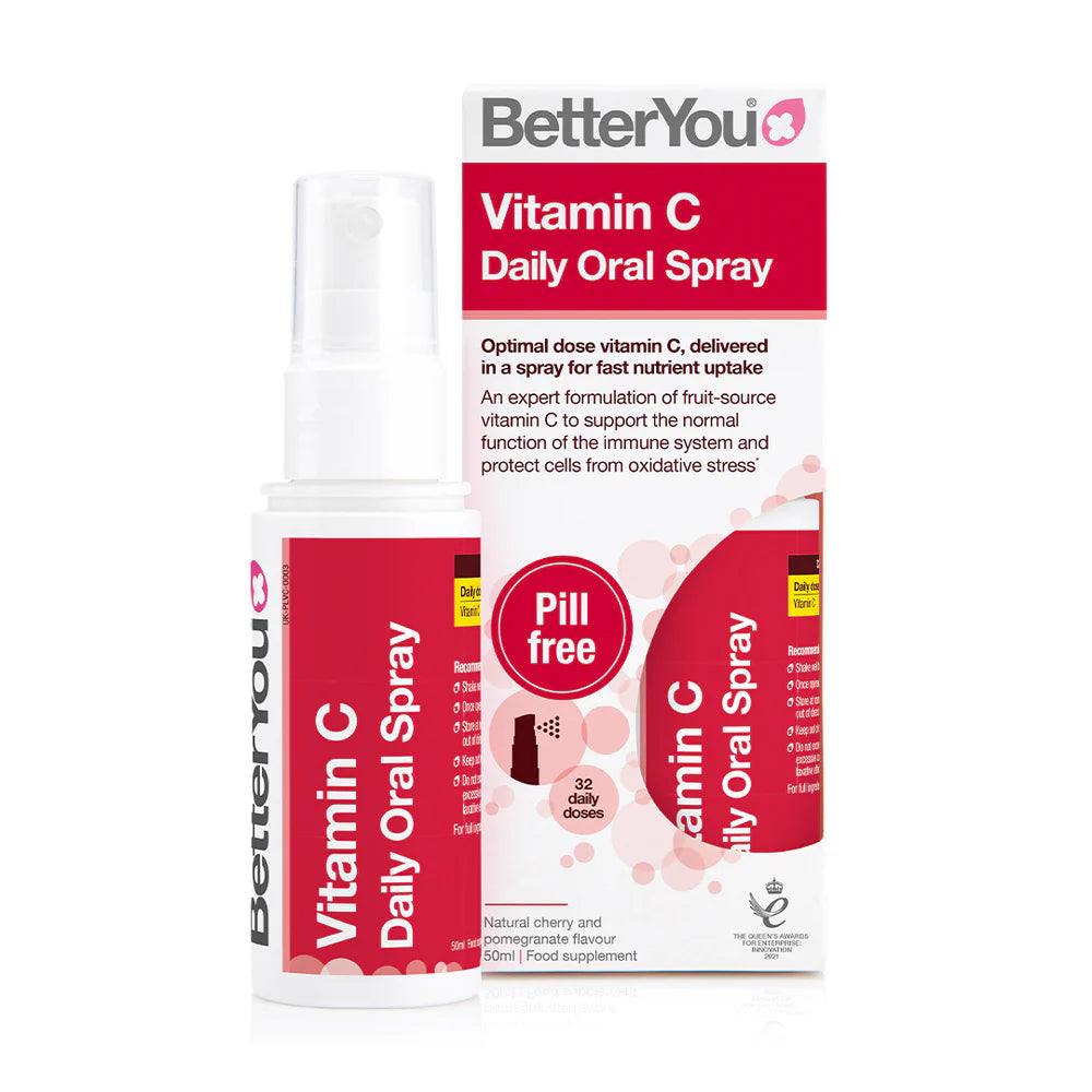BetterYou Vitamin C Oral Spray in cherry-pomegranate flavor, featuring 32 pill-free doses, shown in red and white packaging, available at Fisa Health.
