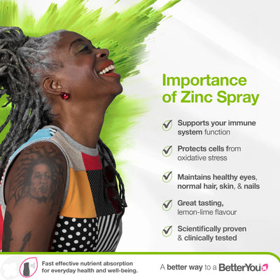 Smiling woman in a colorful dress with gray dreadlocks stands beside BetterYou Zinc Oral Spray, featuring packaging that highlights flavor, with a green splash background, available at Fisa Health.