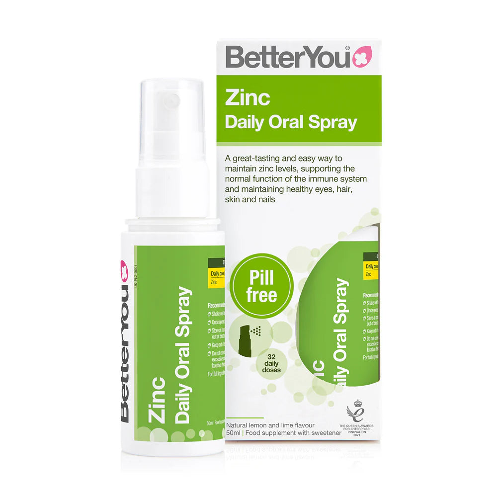 BetterYou Zinc Oral Spray bottle and box in green and white, “Pill free” label shown. Vegan zinc supplement, product packaging and details visible, available at Fisa Health.