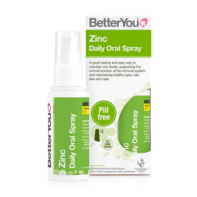 BetterYou Zinc Oral Spray bottle and box in green and white, “Pill free” label shown. Vegan zinc supplement, product packaging and details visible, available at Fisa Health.