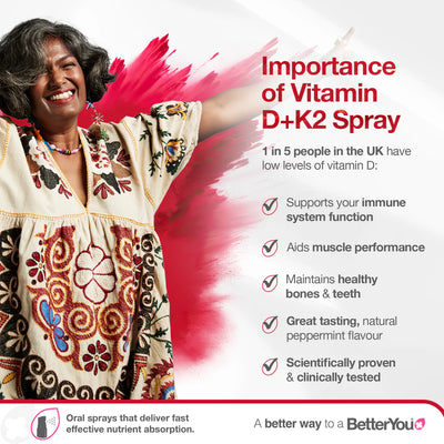 Smiling woman stands beside text displaying BetterYou - Vitamin D3 3000iu + K2 spray, described as great-tasting, available at Fisa Health.