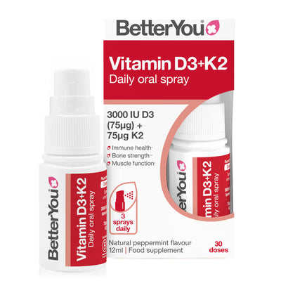 BetterYou - Vitamin D3 3000iu + K2 spray in a 12ml bottle, natural peppermint flavor, provides 30 easy-to-use daily doses, available at Fisa Health.