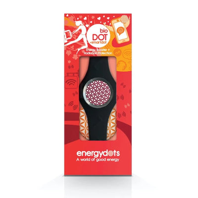 The bioBAND is a black silicone wristband featuring a circular disc and is packaged in red and orange, available at Fisa Health.