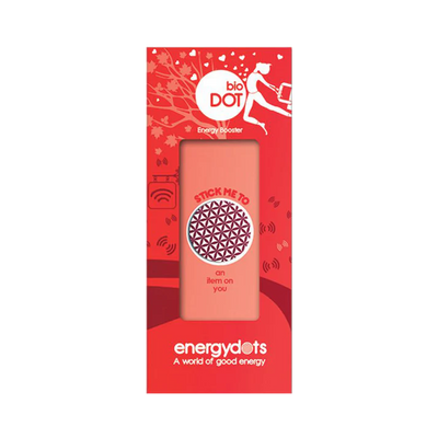 The bioDOT energy booster displays a red circular sticker with the text "Stick me to an item on you" and is shown as a compact accessory, available at Fisa Health.