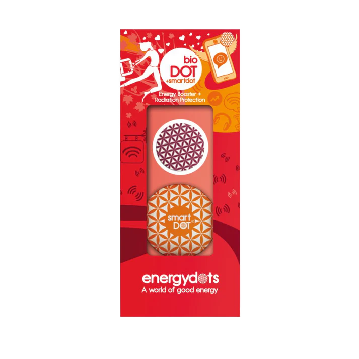 BioDot + smartDOT in red packaging with white and orange stickers, a wearable accessory featuring labels reading Energy Booster and Radiation Protection, available at Fisa Health.