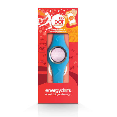 The bioBAND is a blue silicone wristband with a circular design, shown packaged in a red and orange box, available at Fisa Health.