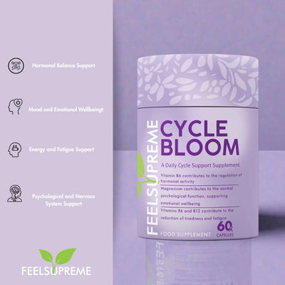 A bottle of Cycle Bloom | Clinically Proven PMS Support 60 caps by Feel Supreme is displayed with a purple label, available at Fisa Health.