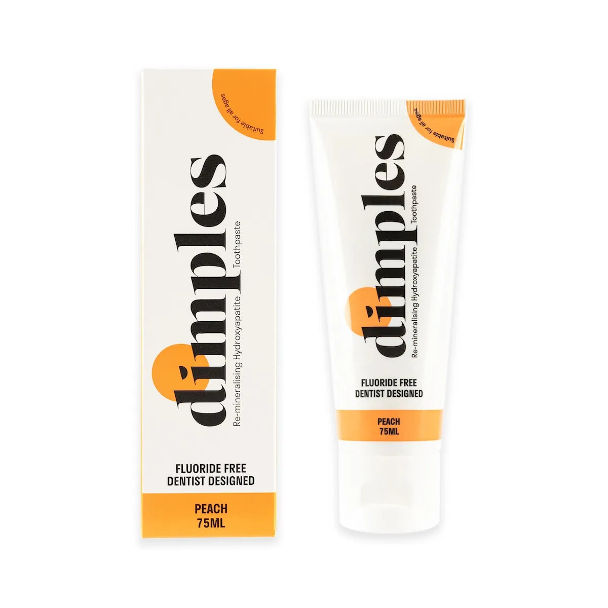 A tube and box of Dimples Hydroxyapatite Toothpaste (Peach), fluoride free, dentist designed, 75ml, in white and orange packaging, available at Fisa Health.