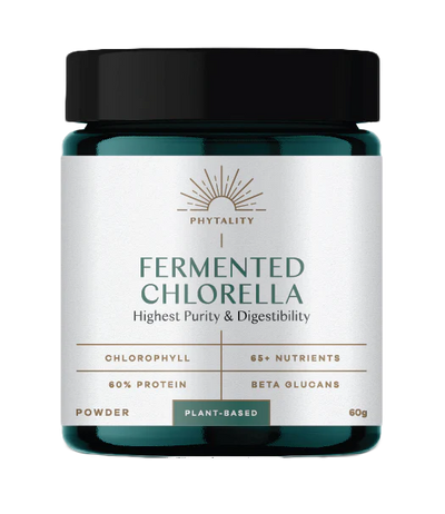 A 60g jar labeled Fermented Chlorella Powder, showing green powder and product details on the packaging. 100% plant-derived. Available at Fisa Health.