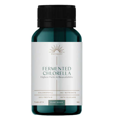 A bottle of Fermented Chlorella Tablets X 240 with a green label, highlighting plant-based protein content, 60% protein, and over 65 nutrients, available at Fisa Health.