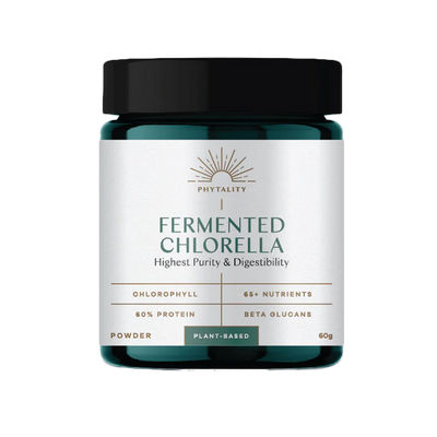 A 60g jar labeled "Fermented Chlorella Powder" is shown with green powder and branding, available at Fisa Health.