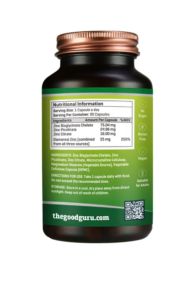 A dark glass bottle of The Good Guru Zinc Complex 90 Capsules with a copper-colored lid and a label displaying nutritional information, available at Fisa Health.