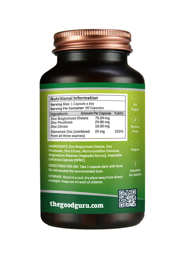 A dark glass bottle of The Good Guru Zinc Complex 90 Capsules with a copper-colored lid and a label displaying nutritional information, available at Fisa Health.