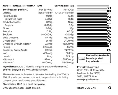 Black and white nutrition label on Fermented Chlorella Powder, showing plant-based protein per serving, ingredient list, company details, and barcode; available at Fisa Health.