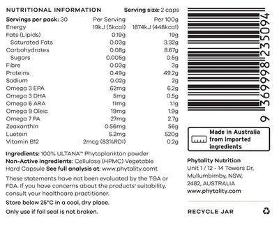 Phytoplankton 60 Veg. Capsules bottle with label displaying nutritional information per 2 capsules, ingredients list, storage instructions, manufacturer details, and barcode, available at Fisa Health.