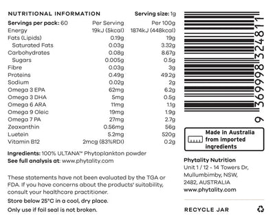 Black and white label for Phytoplankton Powder 60g Omega & Multi by its manufacturer, featuring nutrition facts, ingredient list, manufacturing details, storage instructions, and a barcode, available at Fisa Health.