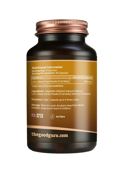 The Good Guru Lion’s Mane Mushroom Extract, 1800mcg, 90 capsules. Dark brown bottle with supplement facts and storage instructions. Available at Fisa Health.