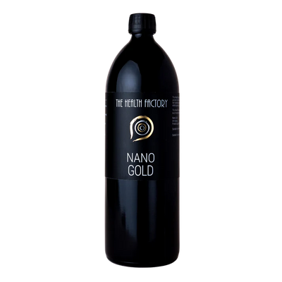 A black bottle labeled Nano Gold with a gold spiral logo, presented in premium packaging and set against a plain white background, available at Fisa Health.