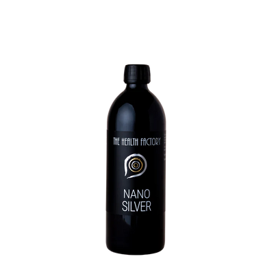 A black bottle labeled Nano Silver stands upright with a black cap against a plain white background, available at Fisa Health.