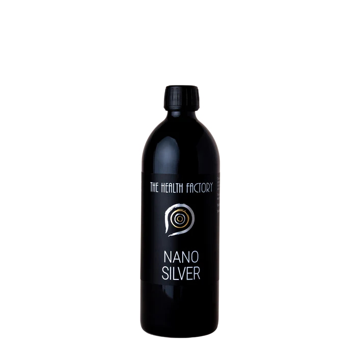 A black bottle labeled Nano Silver stands upright with a black cap against a plain white background, available at Fisa Health.