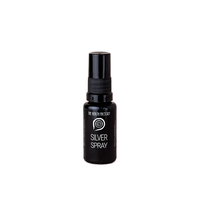 A small black spray bottle labeled Nano Silver, featuring a simple design with a silver label, is displayed against a plain white background, available at Fisa Health.