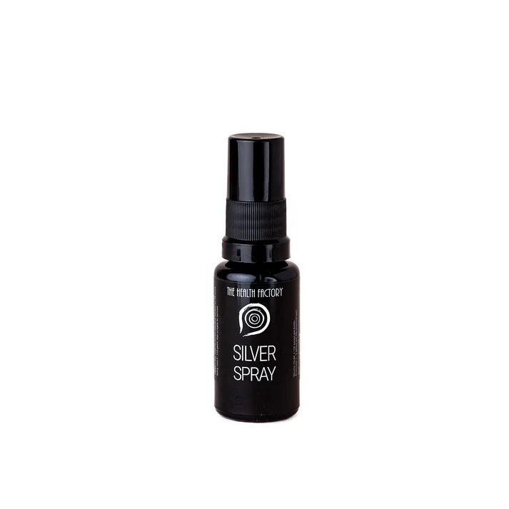 A small black spray bottle labeled Nano Silver, featuring a simple design with a silver label, is displayed against a plain white background, available at Fisa Health.