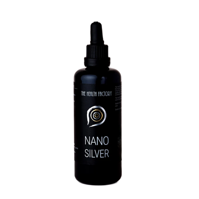 A dark dropper bottle labeled Nano Silver, a silver particle liquid, displayed against a plain white background, available at Fisa Health.