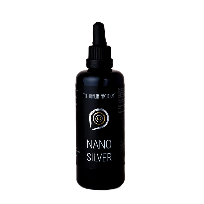 A dark dropper bottle labeled Nano Silver, a silver particle liquid, displayed against a plain white background, available at Fisa Health.