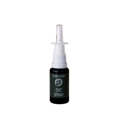 A small dark bottle labeled ENT Spray with a clear nozzle and white cap, intended for nasal use, available at Fisa Health.