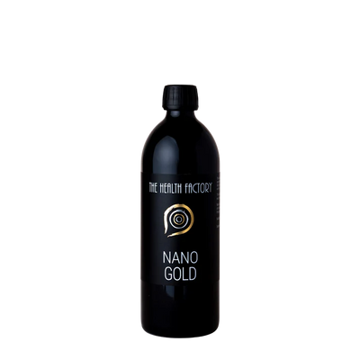 A sleek black bottle labeled Nano Gold with a modern design and a gold spiral logo is displayed against a plain white background, available at Fisa Health.