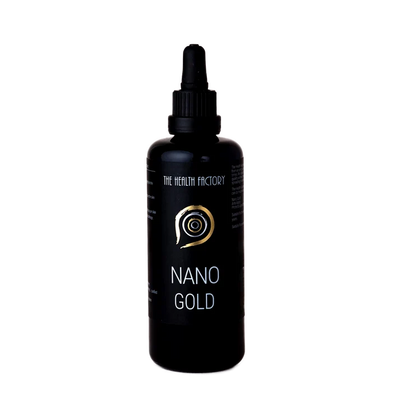A dark violet glass bottle with a dropper cap and a label reading Nano Gold sits on a plain white background, available at Fisa Health.