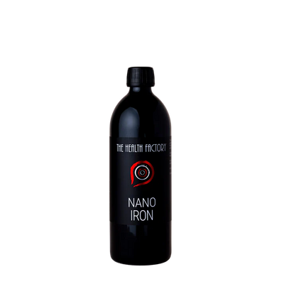 A black bottle of Nano Iron liquid iron supplement featuring a red and white circular design on the label, placed against a plain white background, available at Fisa Health.