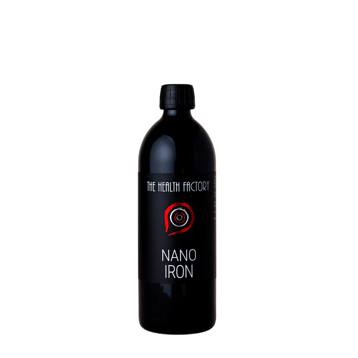 A black bottle of Nano Iron liquid iron supplement featuring a red and white circular design on the label, placed against a plain white background, available at Fisa Health.