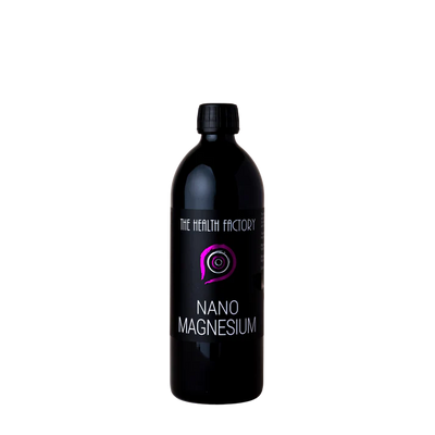 A black bottle labeled Nano Magnesium, a liquid magnesium supplement with a purple logo, is shown on a plain white background, available at Fisa Health.