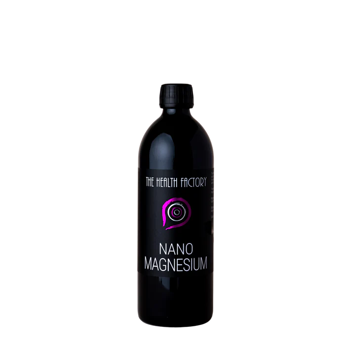 A black bottle labeled Nano Magnesium, a liquid magnesium supplement with a purple logo, is shown on a plain white background, available at Fisa Health.